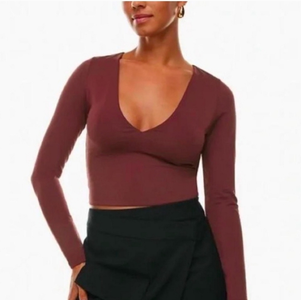 Babaton Aritzia Contour V-Neck Long Sleeve Crop Top in Grapevine - SIZE S